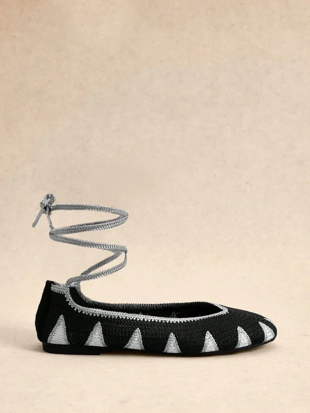 Black Casual Women's Crochet Effect Ankle Strap Round Toe Flat Shoes
